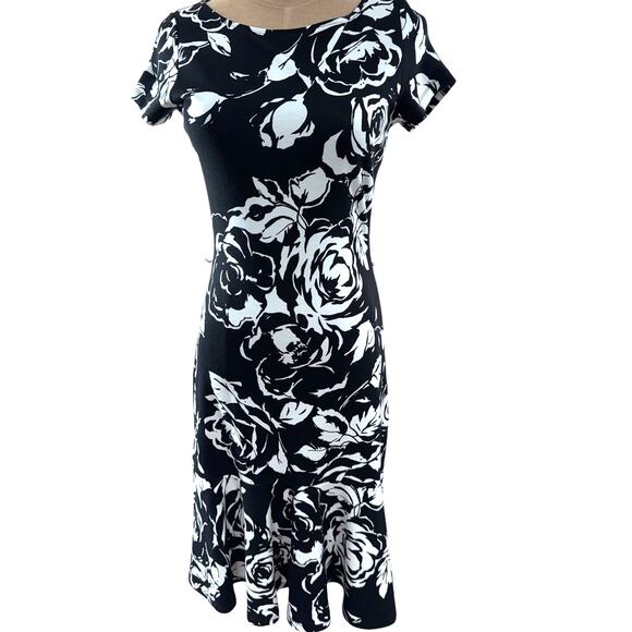 "LAUREN RALPH LAUREN" Black Roses, Peplum Dress, Size XS, SEE PICSMISSING BELT - Picture 1 of 11